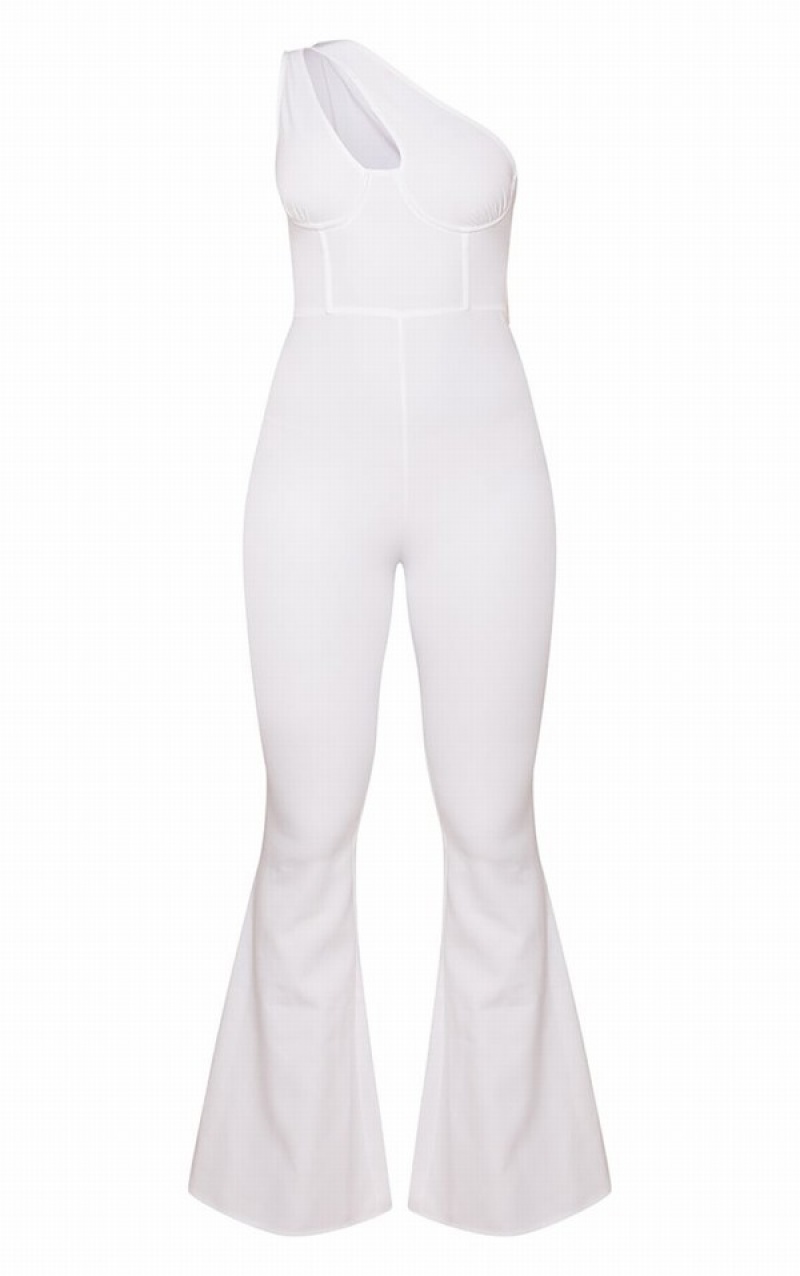 White Pretty Little Thing One Shoulder Corset Detail Flared Jumpsuits | LONDWGX-74