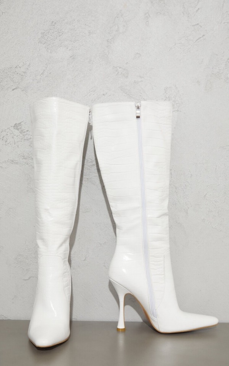 White Pretty Little Thing PU Croc Point Toe Flare Highed Knee Boots | HGKRBIV-30