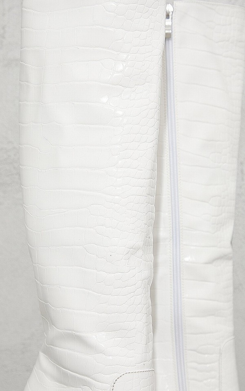 White Pretty Little Thing PU Croc Point Toe Flare Highed Knee Boots | HGKRBIV-30