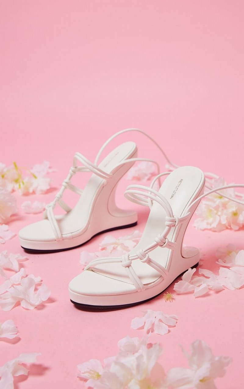 White Pretty Little Thing PU Curved Knot Lace Up Reverse Wedge Heels | AJHFWEC-79