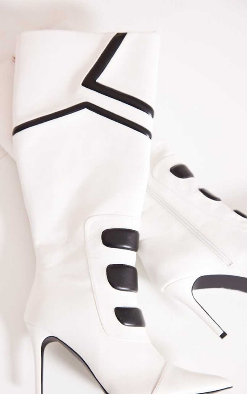 White Pretty Little Thing PU Point Toe Motor Cross Contrast Highed Knee Boots | IPQJRLC-28