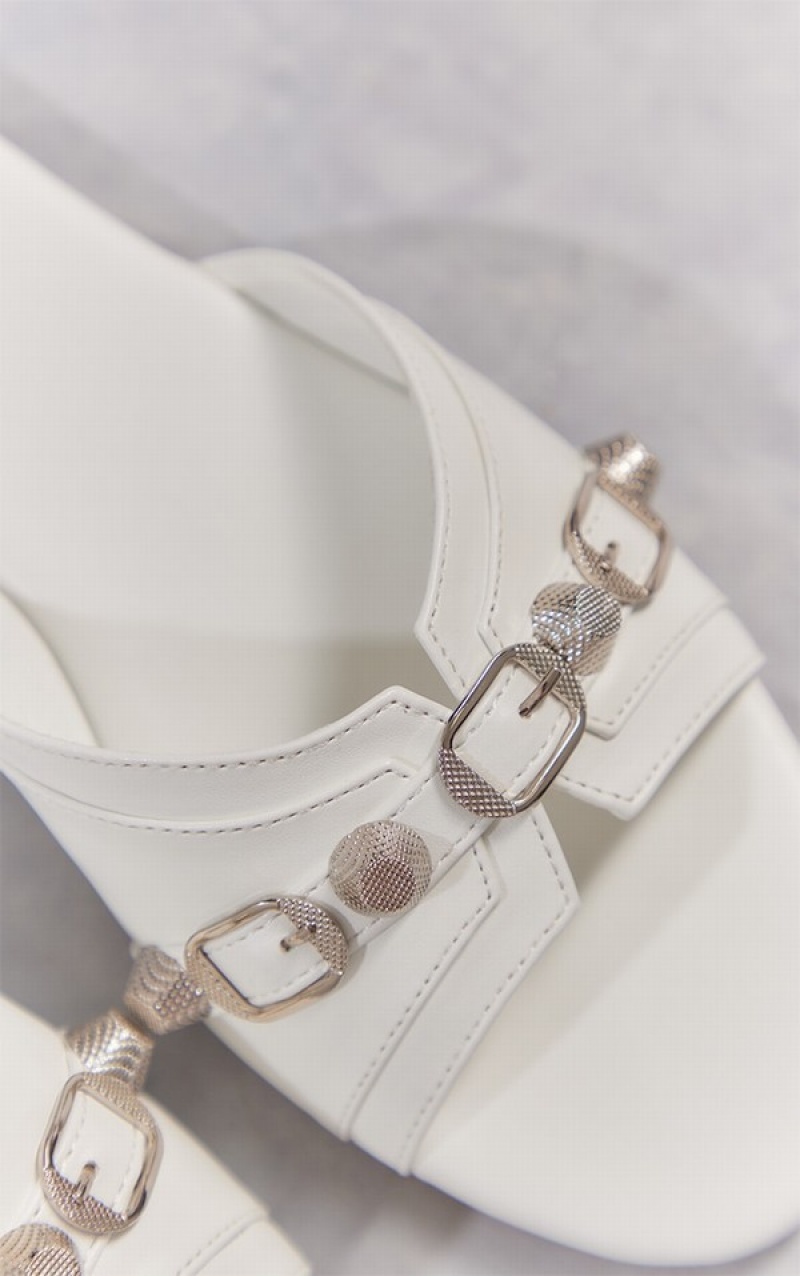 White Pretty Little Thing PU Round Buckle Detail Sandals | BMZIWRT-19