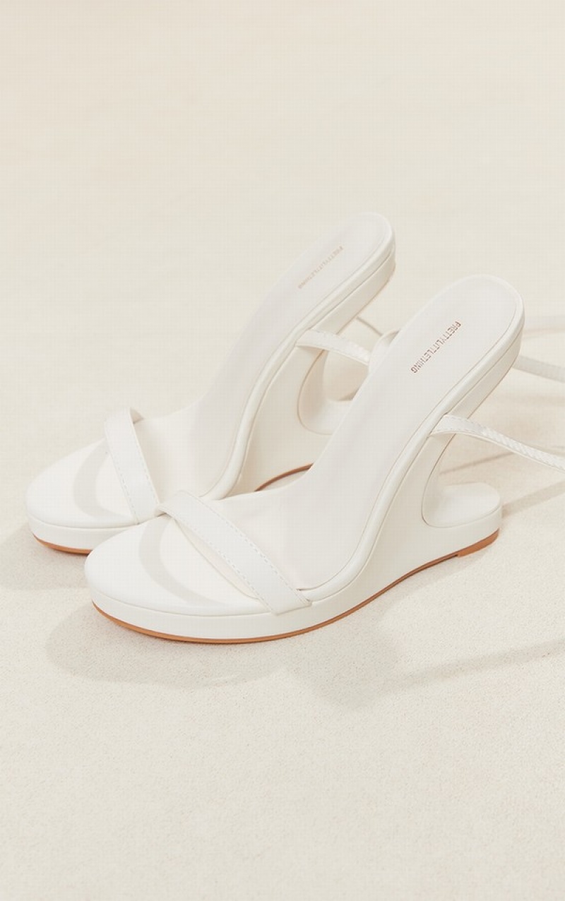 White Pretty Little Thing PU Round Toe Lace Up Strap Abstract Cut Out Wedges Heels | EWLRZQX-32