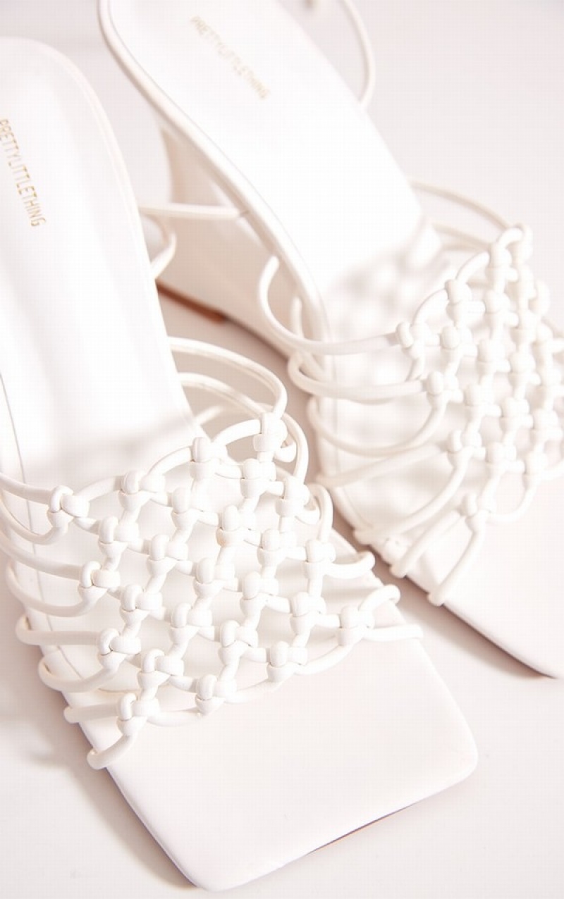 White Pretty Little Thing PU Square Toe Knotted Lace Up Cut Out Wedge Heels | ISFUJBC-19