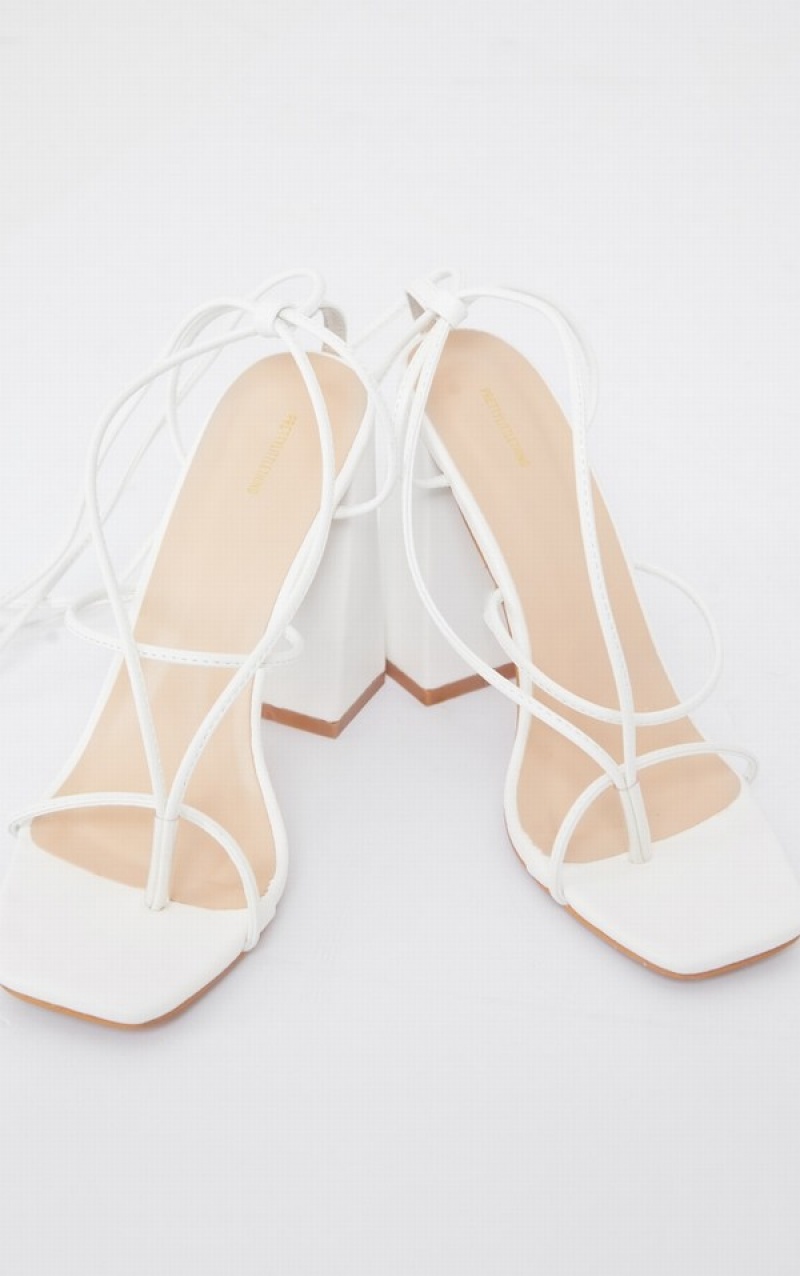 White Pretty Little Thing PU Toe Detail Lace Up High Block Heels | MUGJFCO-46