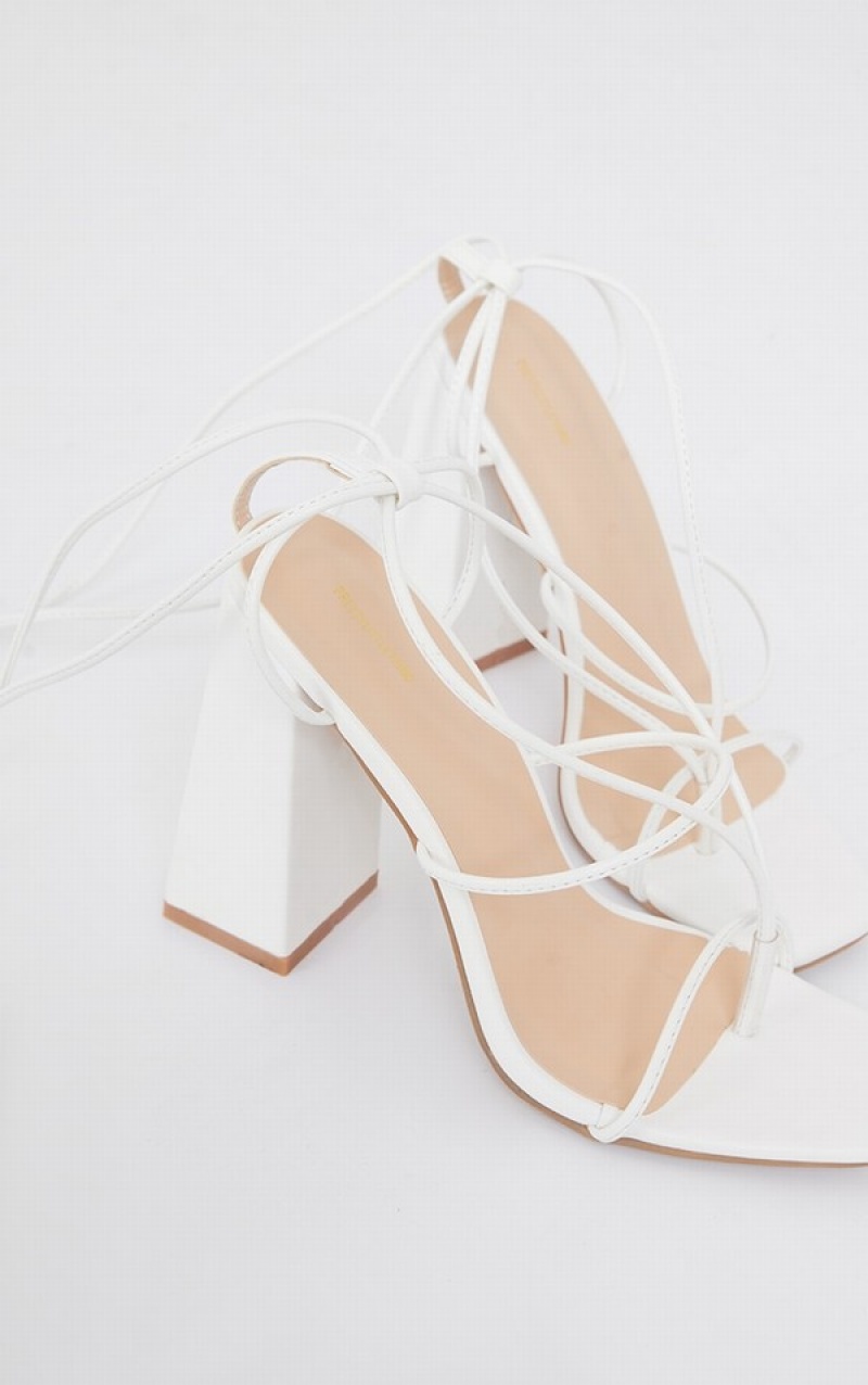 White Pretty Little Thing PU Toe Detail Lace Up High Block Heels | MUGJFCO-46