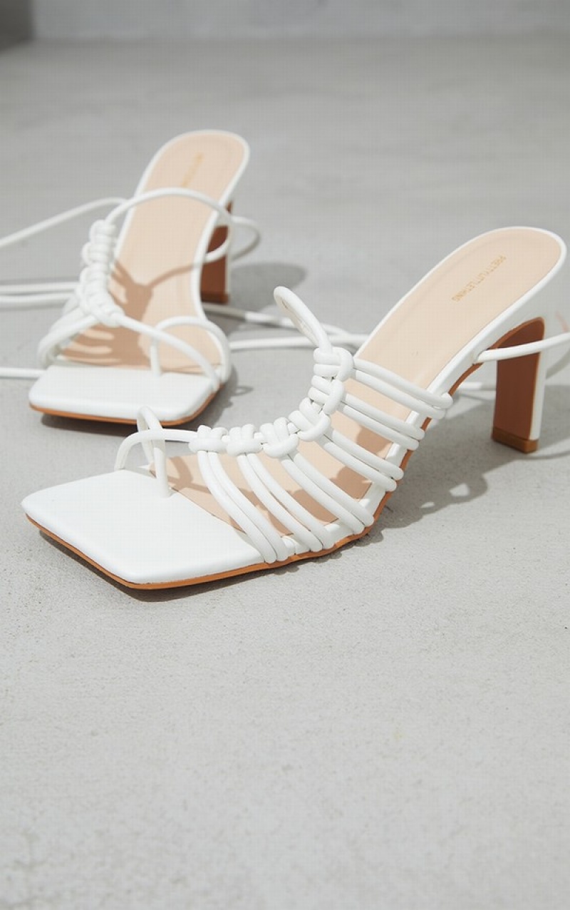 White Pretty Little Thing PU Toe Loop Knot Side Detail Lace Up Heels | TJWFSYC-64