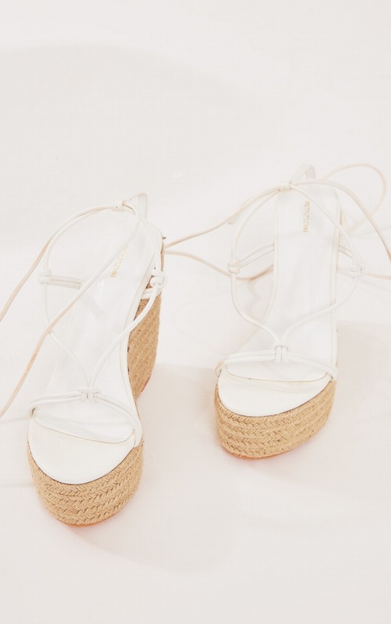 White Pretty Little Thing PU Twist Strap Lace Up Highed Espadrille Wedges Heels | HFREVJL-01