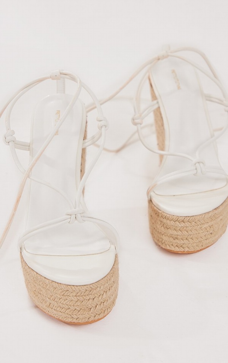 White Pretty Little Thing PU Twist Strap Lace Up Highed Espadrille Wedges Heels | HFREVJL-01