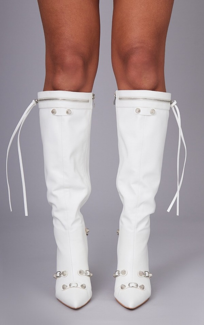 White Pretty Little Thing PU Zip Detail Point Toe Mided Knee Boots | WIEKVOU-20