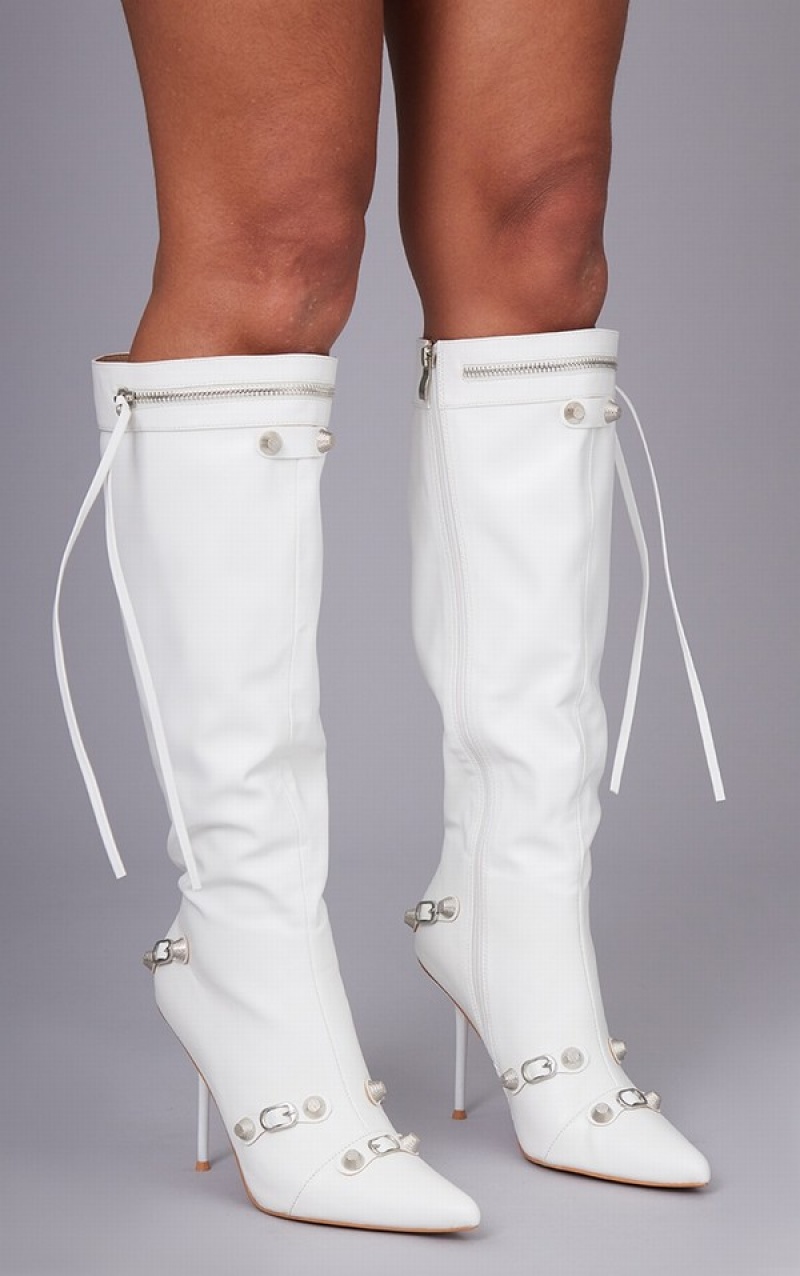 White Pretty Little Thing PU Zip Detail Point Toe Mided Knee Boots | WIEKVOU-20