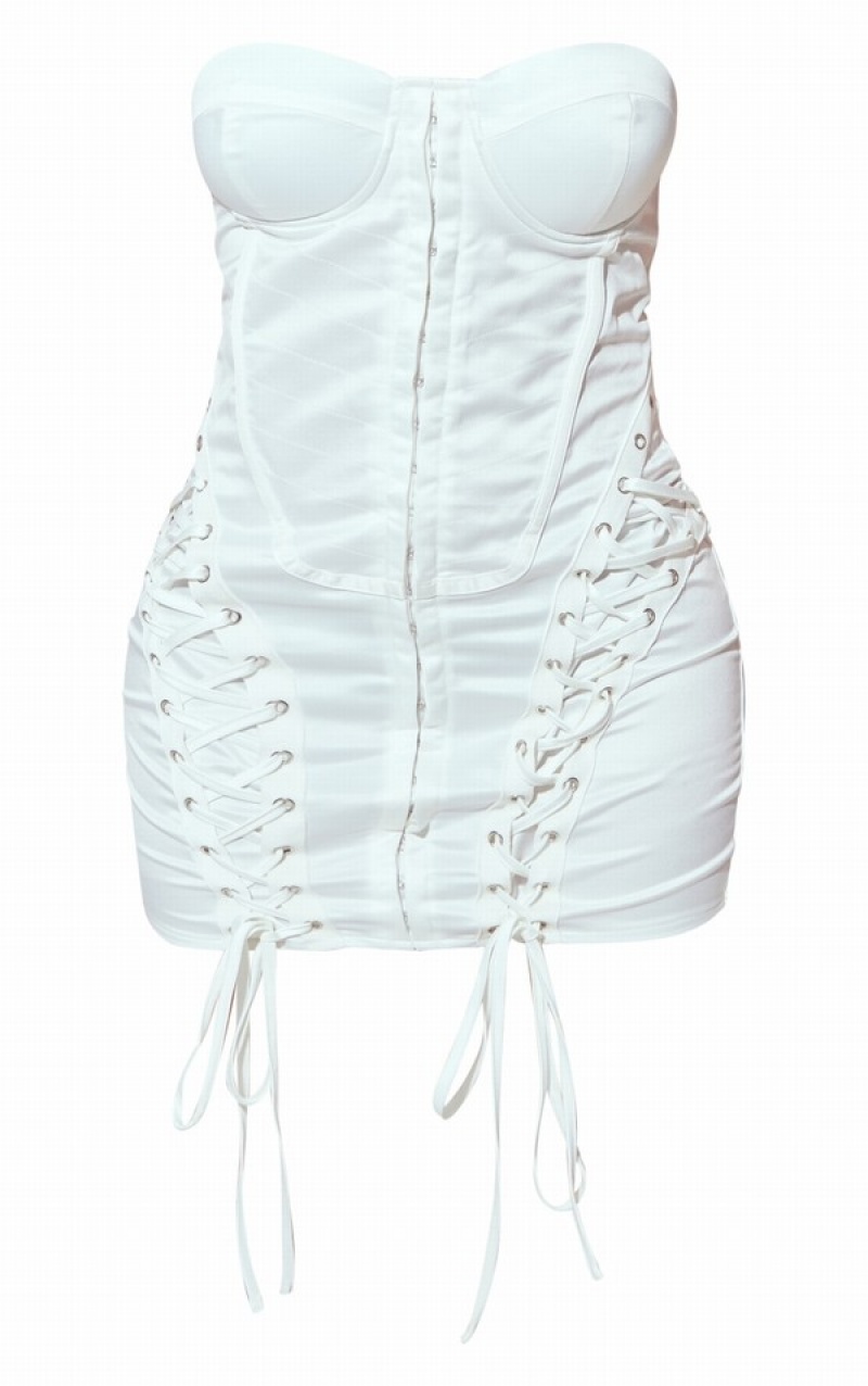 White Pretty Little Thing Petite Satin Boned Lace Up Bodycon Dresses | XHVIWAC-93