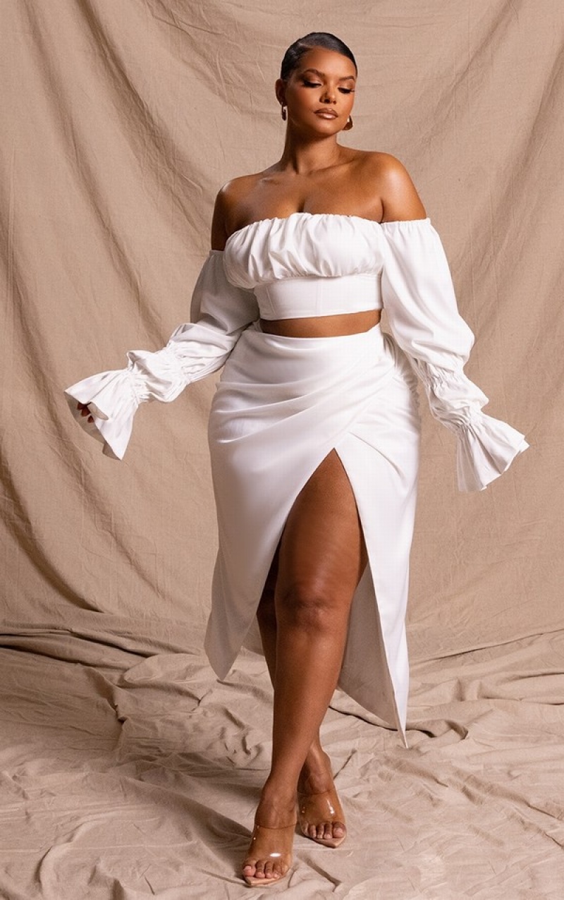 White Pretty Little Thing Plus Constructed Satin Draped Skirts | XSUTJEN-86