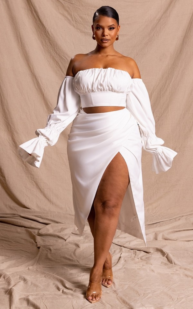 White Pretty Little Thing Plus Constructed Satin Draped Skirts | XSUTJEN-86