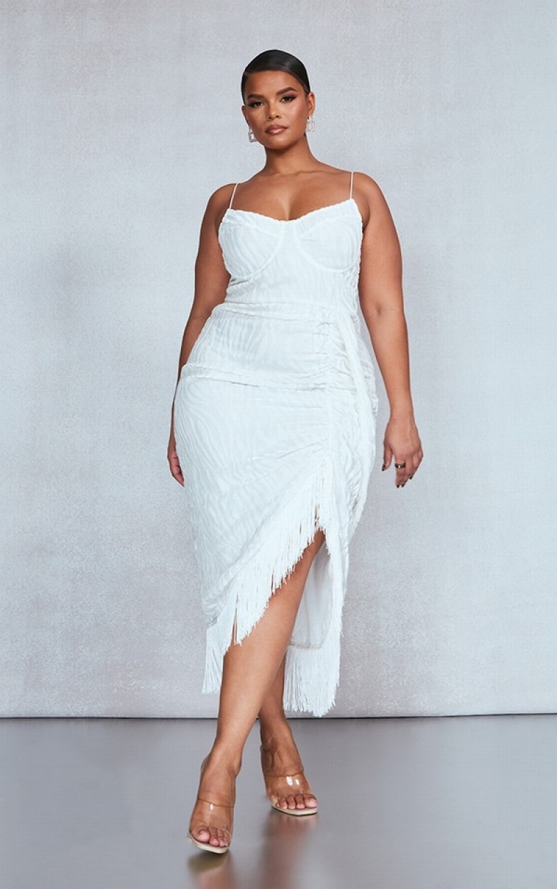 White Pretty Little Thing Plus Devore Tassel Detail UnderwiDraped Dresses | PGSMOFC-13