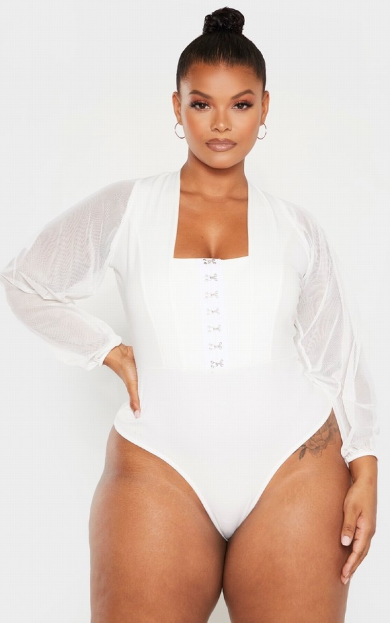 White Pretty Little Thing Plus Eyelet Detail Mesh Sleeve Bodysuits | UAVTZXE-74