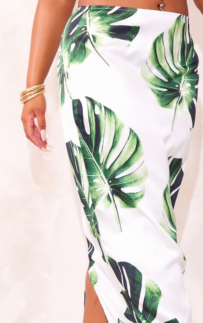 White Pretty Little Thing Plus Palm Leaf Printed Satin Low Rise Maxi Skirts | WRKBTJD-80