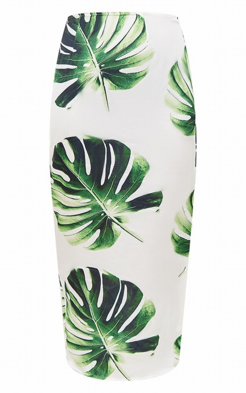 White Pretty Little Thing Plus Palm Leaf Printed Satin Low Rise Maxi Skirts | WRKBTJD-80