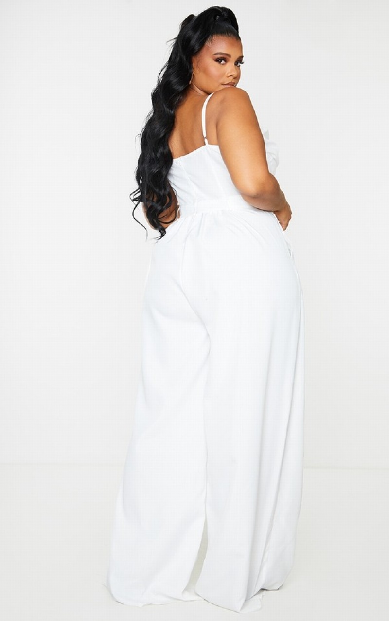 White Pretty Little Thing Plus Ruched Cup Strappy Wide Leg Jumpsuits | SMJAWDB-84