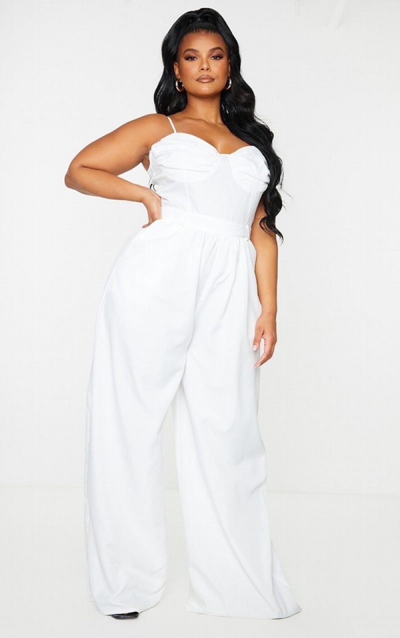 White Pretty Little Thing Plus Ruched Cup Strappy Wide Leg Jumpsuits | SMJAWDB-84