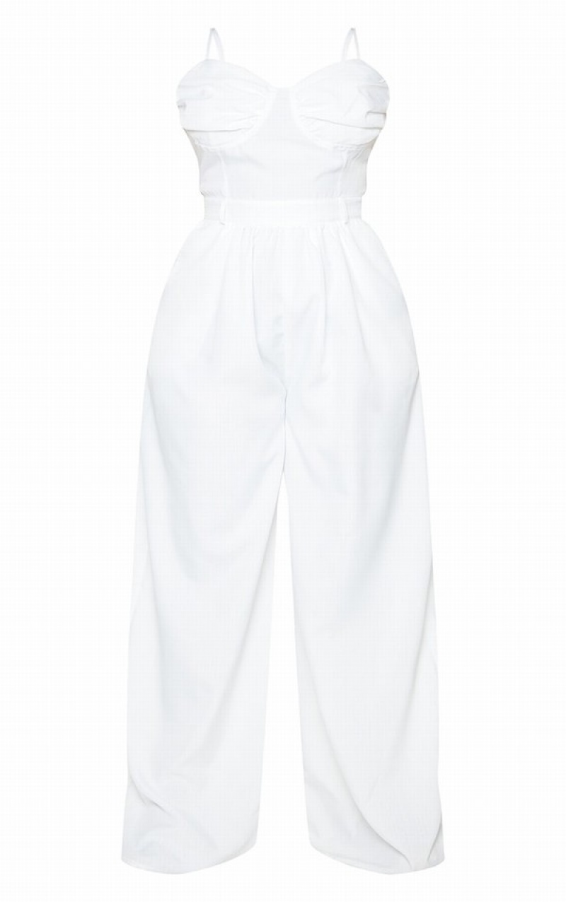 White Pretty Little Thing Plus Ruched Cup Strappy Wide Leg Jumpsuits | SMJAWDB-84