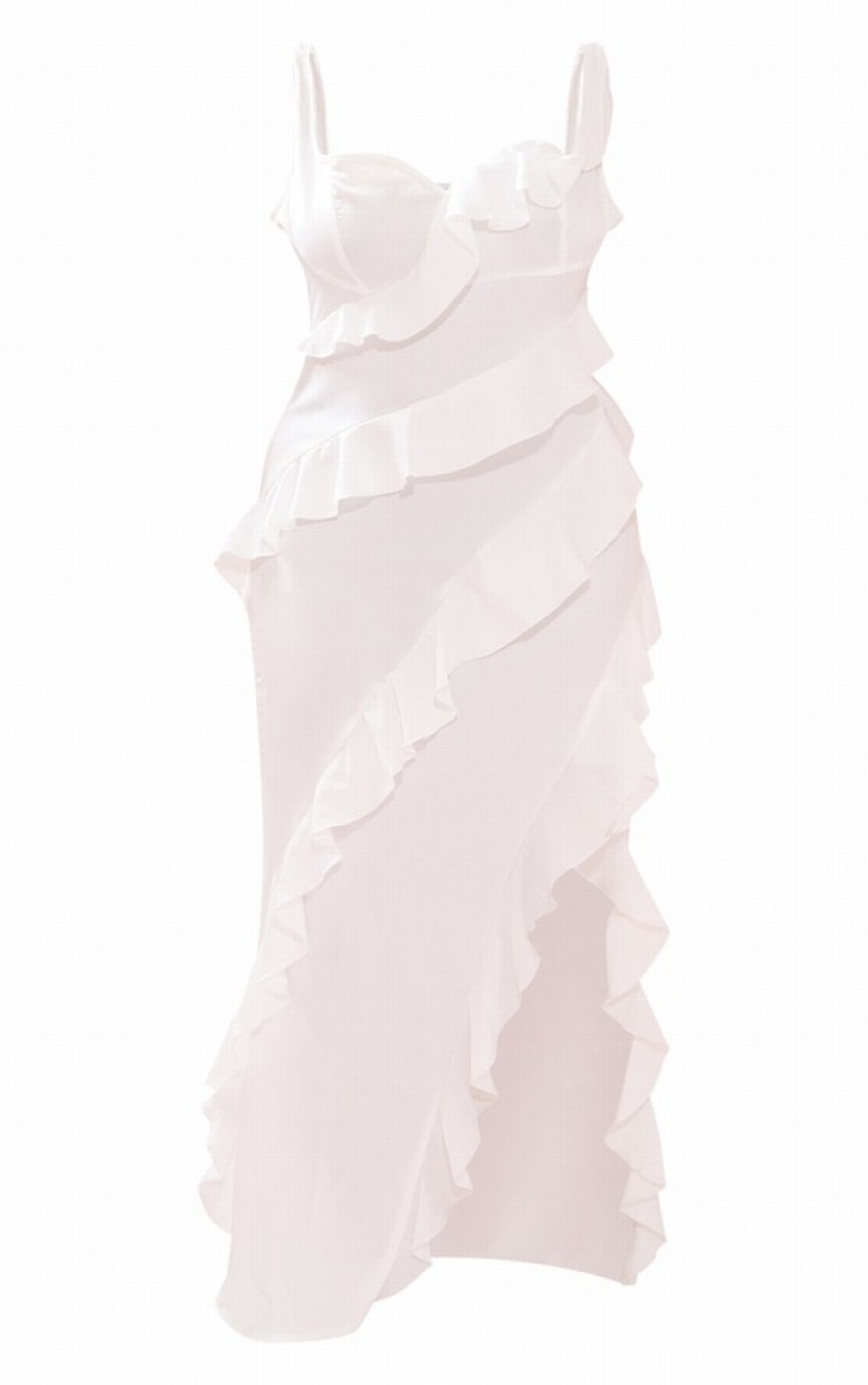 White Pretty Little Thing Plus Satin Frill Laye Midaxi Dresses | UQAZJBH-97