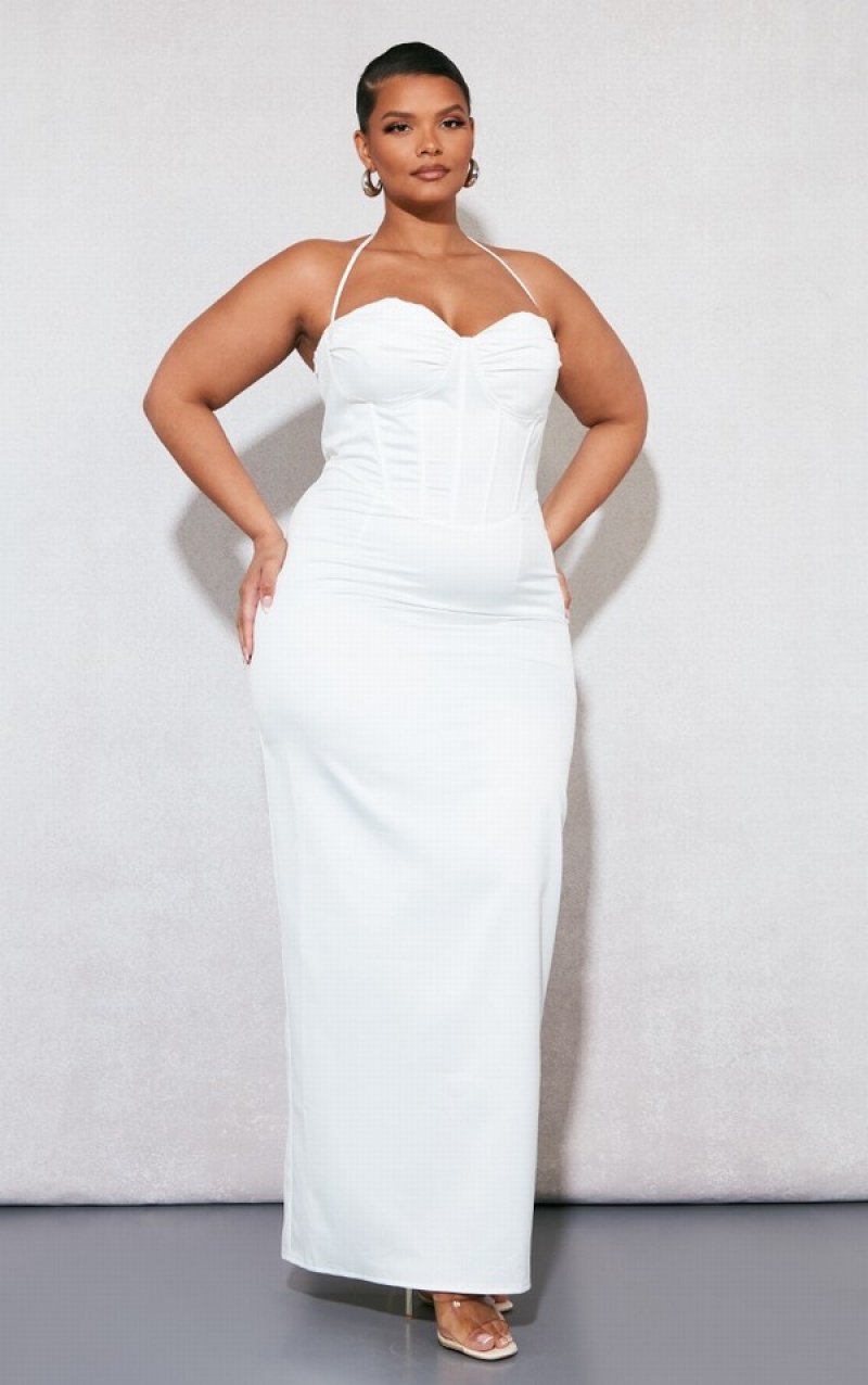 White Pretty Little Thing Plus Tie Neck Corset Maxi Dresses | YLPCNTM-80