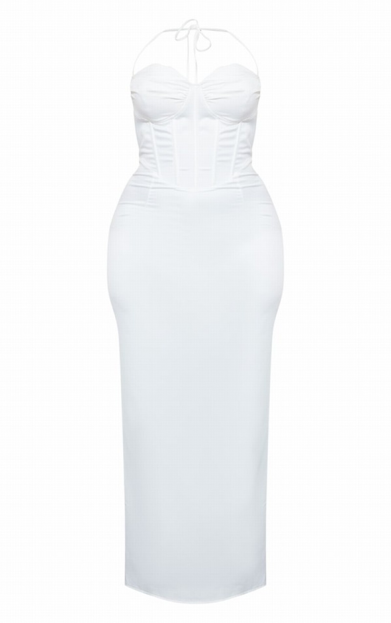 White Pretty Little Thing Plus Tie Neck Corset Maxi Dresses | YLPCNTM-80