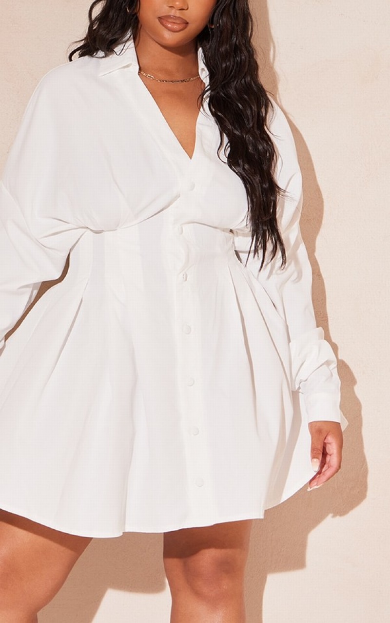 White Pretty Little Thing Plus Woven Pleated Button Down Oversized Puff Dresses | XNWZTIA-38