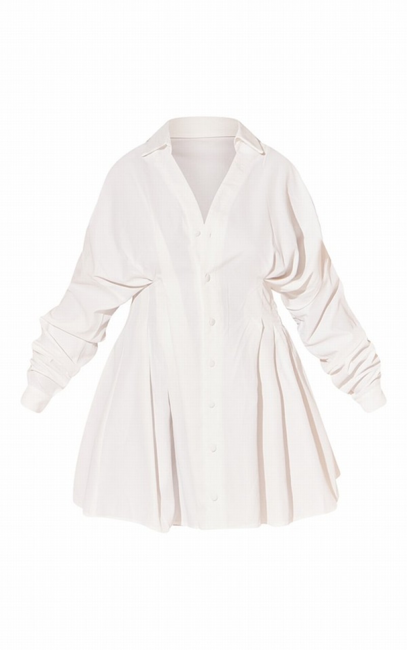 White Pretty Little Thing Plus Woven Pleated Button Down Oversized Puff Dresses | XNWZTIA-38