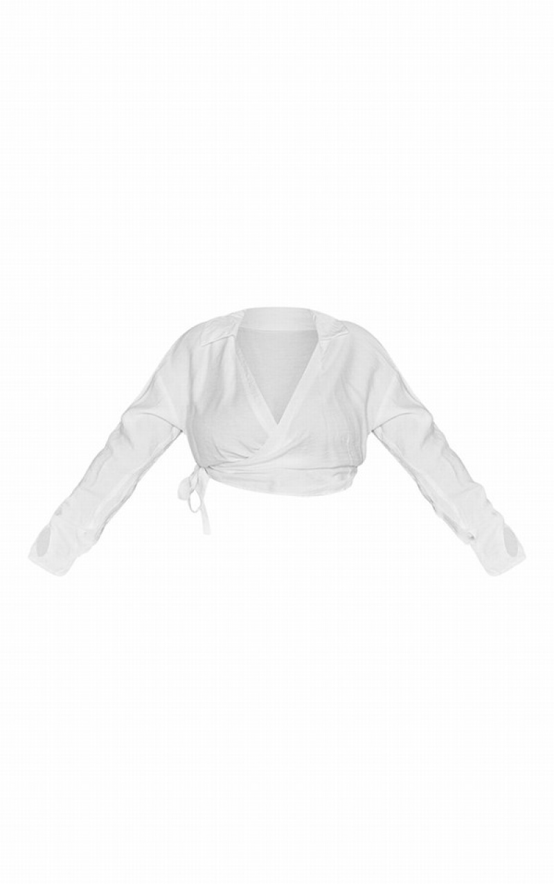 White Pretty Little Thing Plus Wrap Front Long Sleeve Shirts | YWVTKNI-16