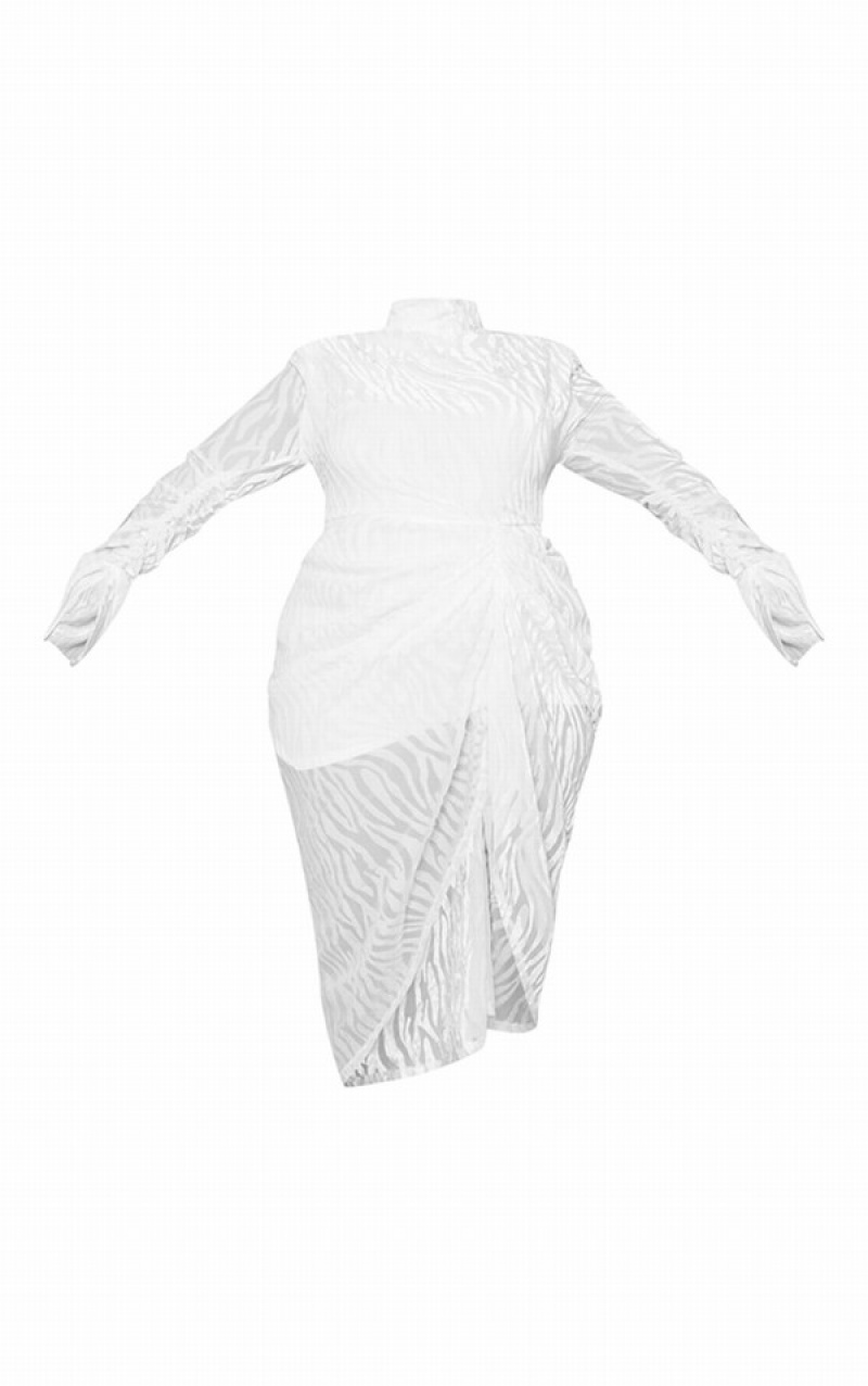 White Pretty Little Thing Plus Zebra Devore High Neck Draped Dresses | TJHSQMW-28