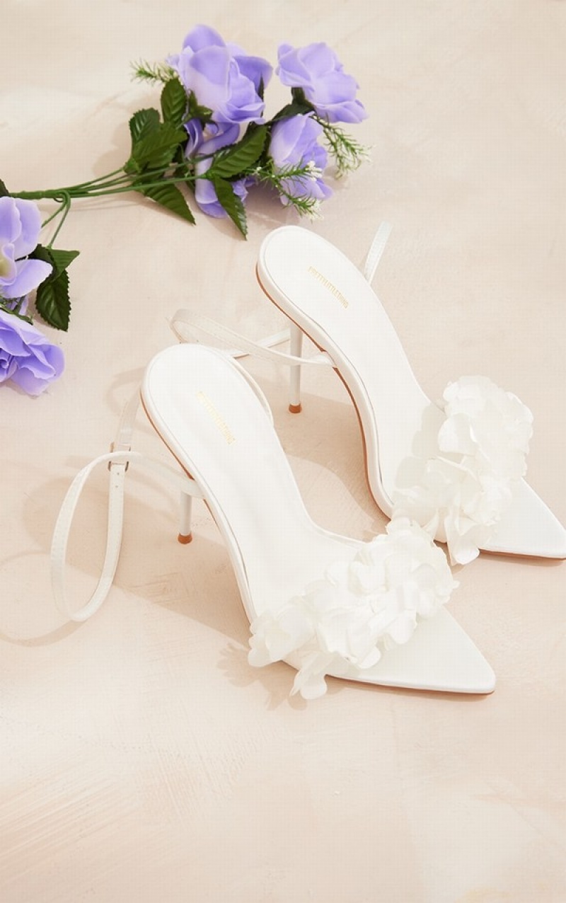 White Pretty Little Thing Pointed Toe Barely There Petal Detail High Heels | LFZSOMV-61