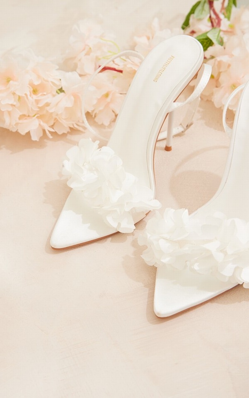 White Pretty Little Thing Pointed Toe Barely There Petal Detail High Heels | LFZSOMV-61