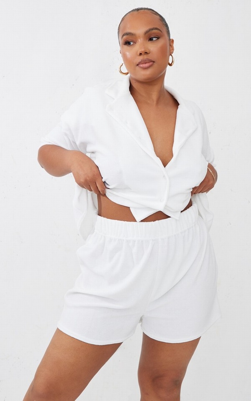 White Pretty Little Thing RENEW Plus Towelling Button Up Floaty Shorts | NDREGKH-96