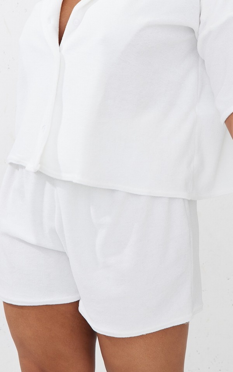 White Pretty Little Thing RENEW Plus Towelling Button Up Floaty Shorts | NDREGKH-96