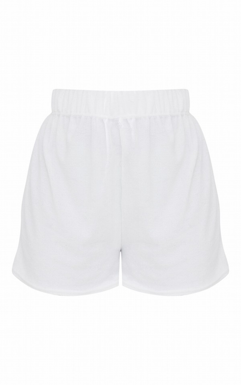 White Pretty Little Thing RENEW Plus Towelling Button Up Floaty Shorts | NDREGKH-96