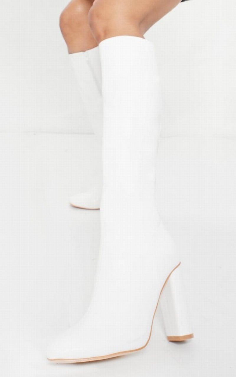 White Pretty Little Thing Round Block Knee High Heels | KUSEGOQ-78