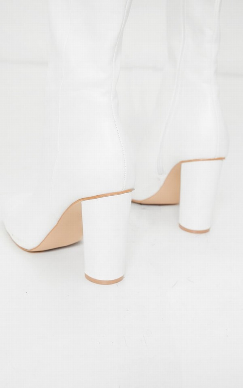 White Pretty Little Thing Round Block Knee High Heels | KUSEGOQ-78