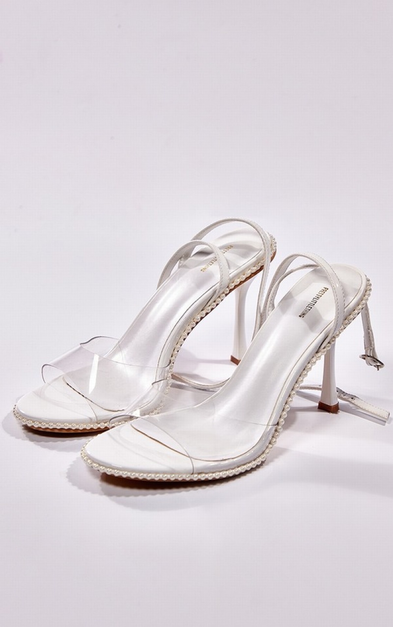 White Pretty Little Thing Round Pearl Edging Clear Strap High Heels | WOPVYLS-45