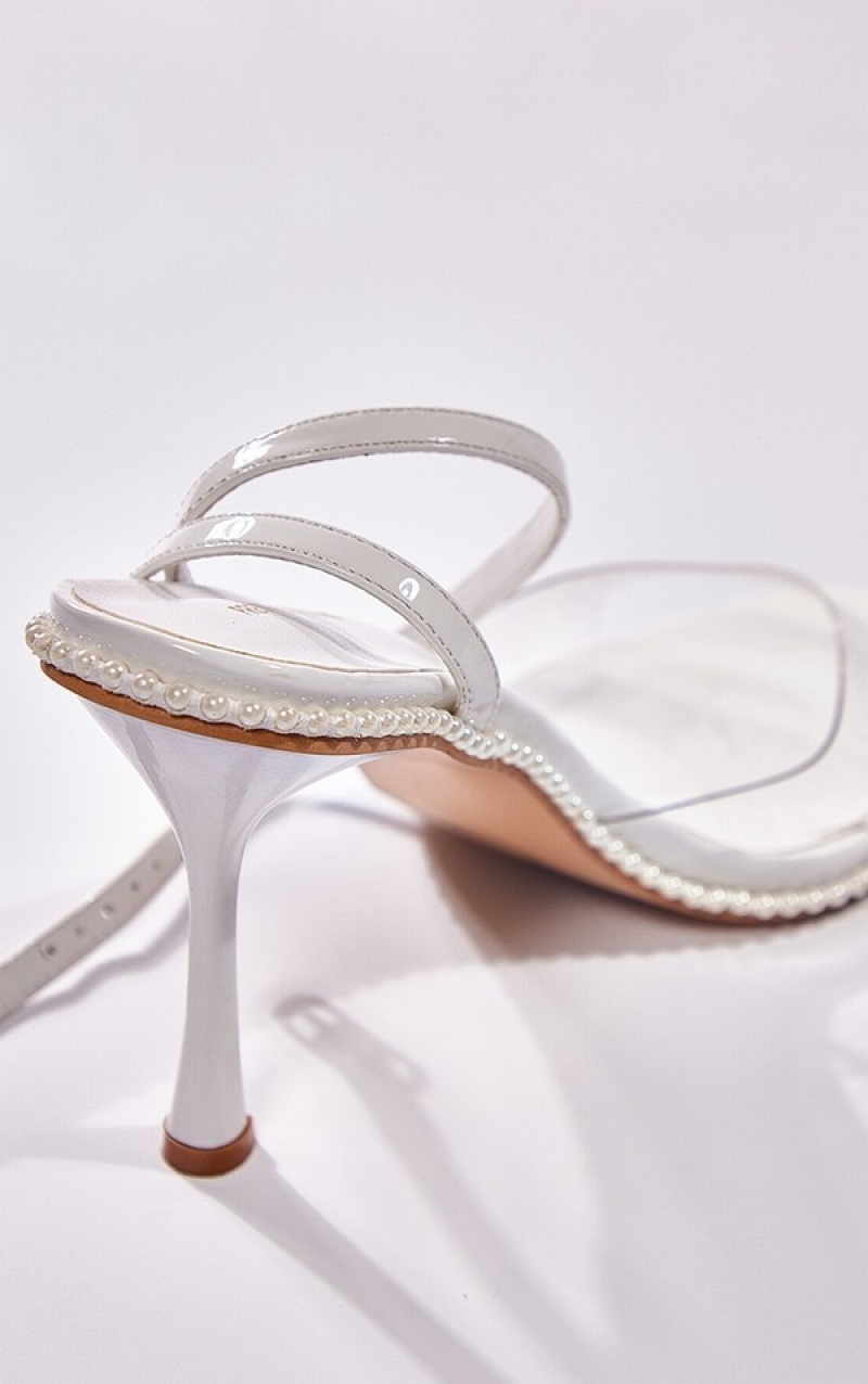 White Pretty Little Thing Round Pearl Edging Clear Strap High Heels | WOPVYLS-45