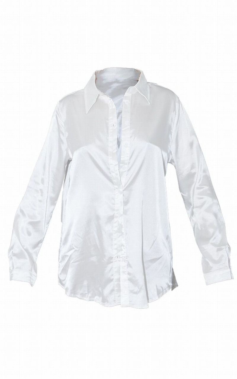 White Pretty Little Thing Satin Button Front Shirts | YWLQVUB-89