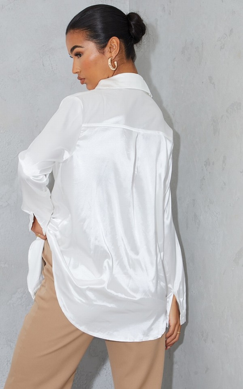 White Pretty Little Thing Satin Button Front Shirts | YWLQVUB-89