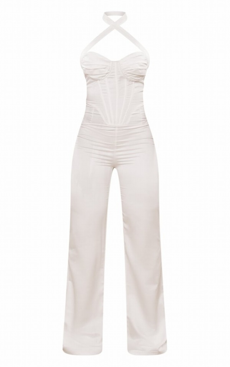 White Pretty Little Thing Satin Halterneck Corset Wide Leg Jumpsuits | MUGKWBL-38