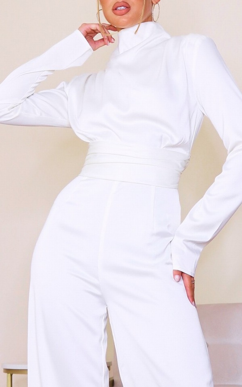 White Pretty Little Thing Satin High Neck Long Sleeve Jumpsuits | PHTGOSL-92