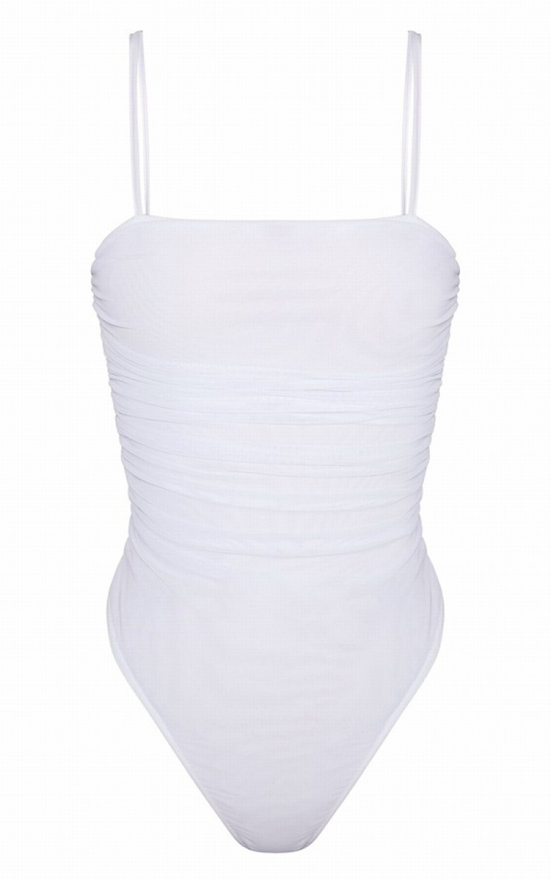 White Pretty Little Thing Shape Mesh Ruched Detail Bodysuits | MSBNDOT-30