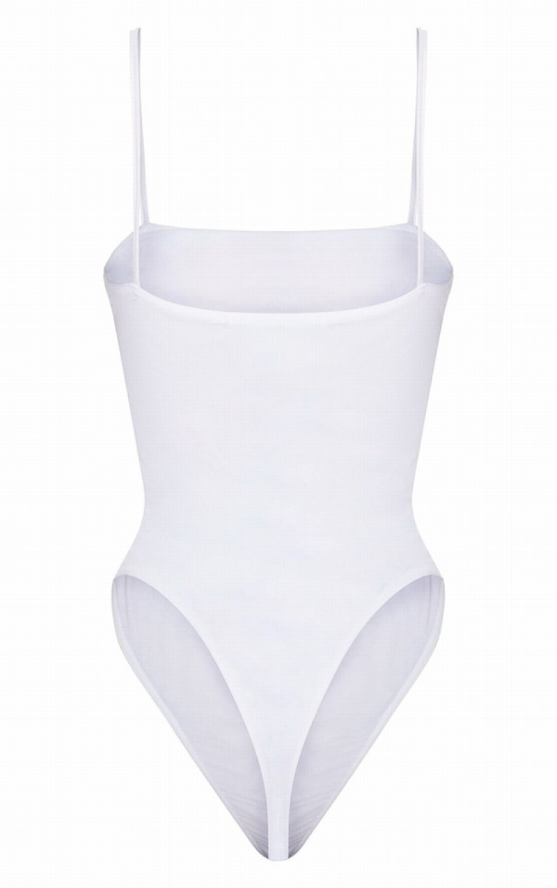 White Pretty Little Thing Shape Mesh Ruched Detail Bodysuits | MSBNDOT-30