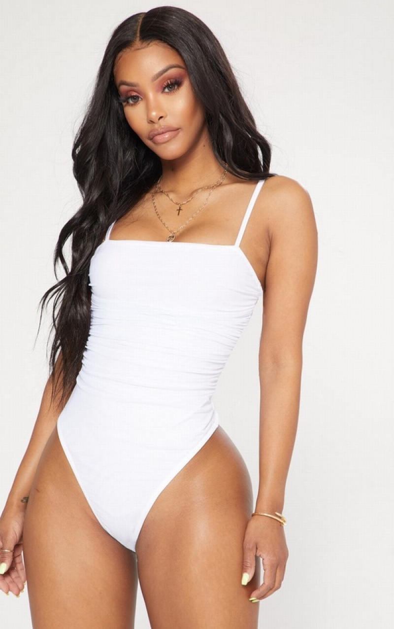 White Pretty Little Thing Shape Mesh Ruched Detail Bodysuits | MSBNDOT-30