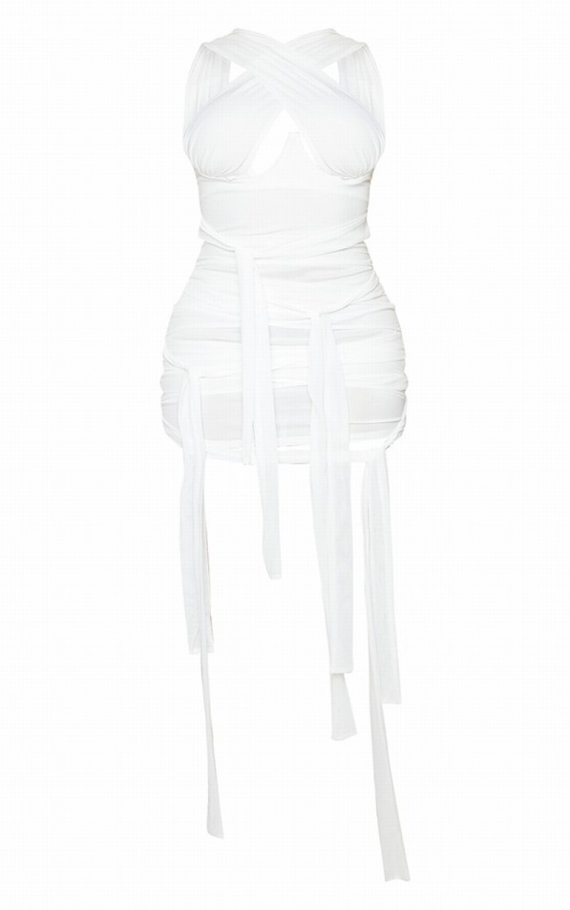 White Pretty Little Thing Shape Mesh Wrap Neck Tie Detail Bodycon Dresses | TJXYVRU-39