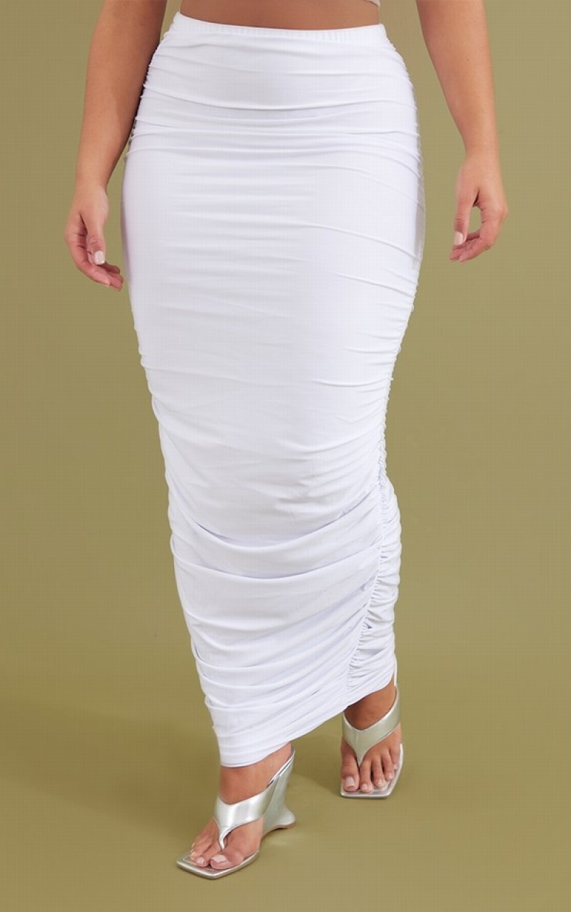 White Pretty Little Thing Shape Slinky Ruched Midaxi Bodycon Skirts | ISGLTVK-97